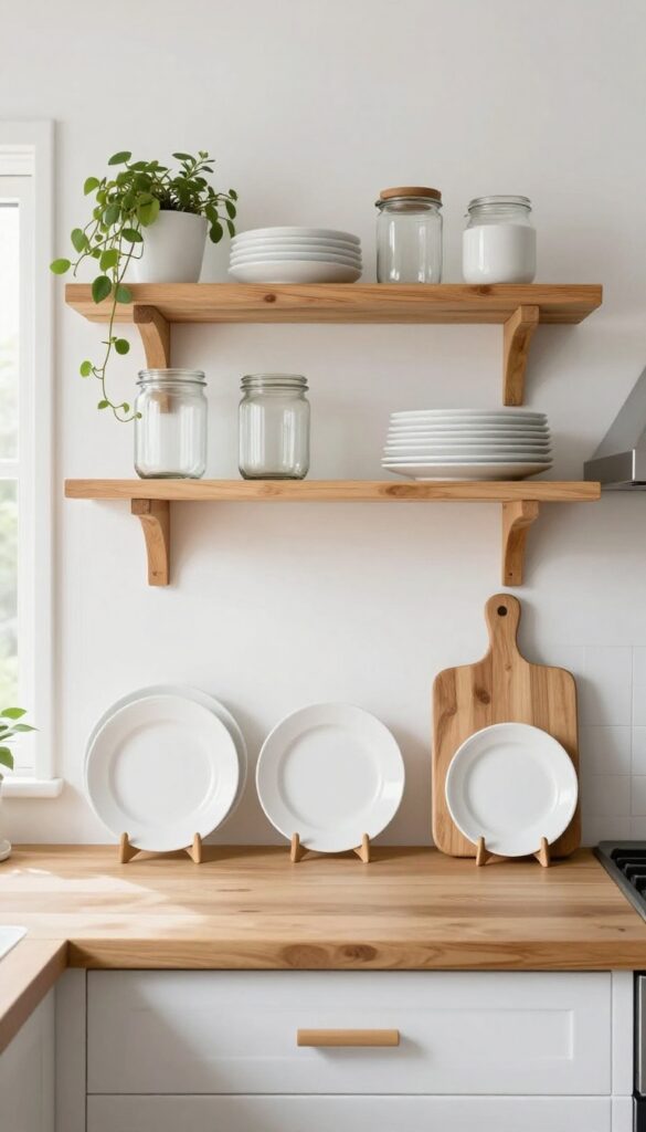 Open shelving in a bright country kitchen with white dishes and glass jars