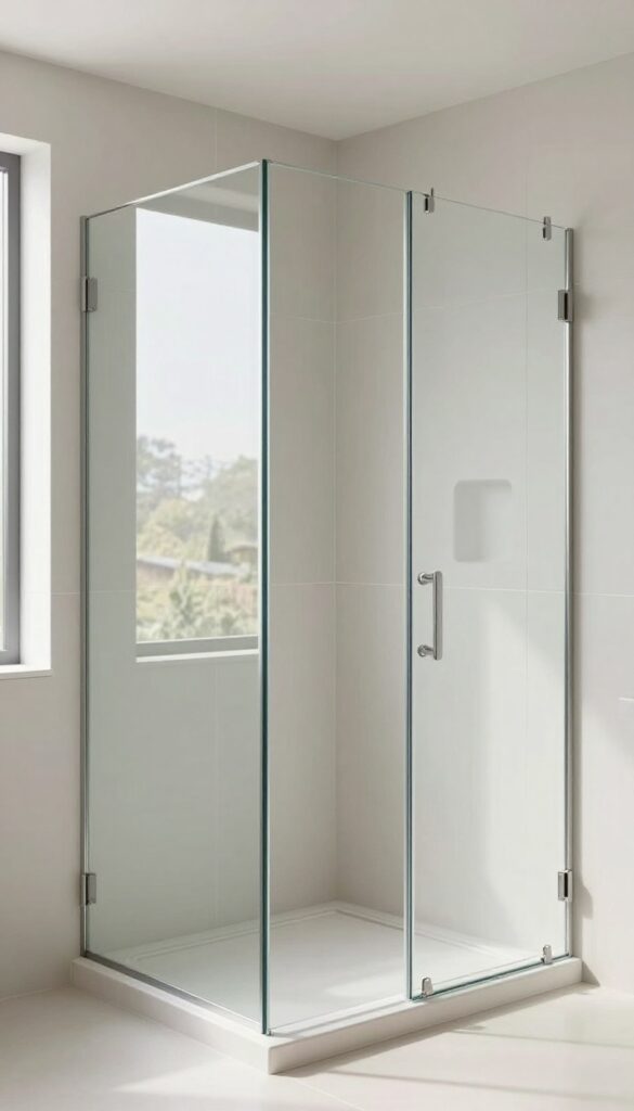 Full-height glass shower doors in a modern bathroom, creating a clean vertical line and spacious feel with bright natural light.