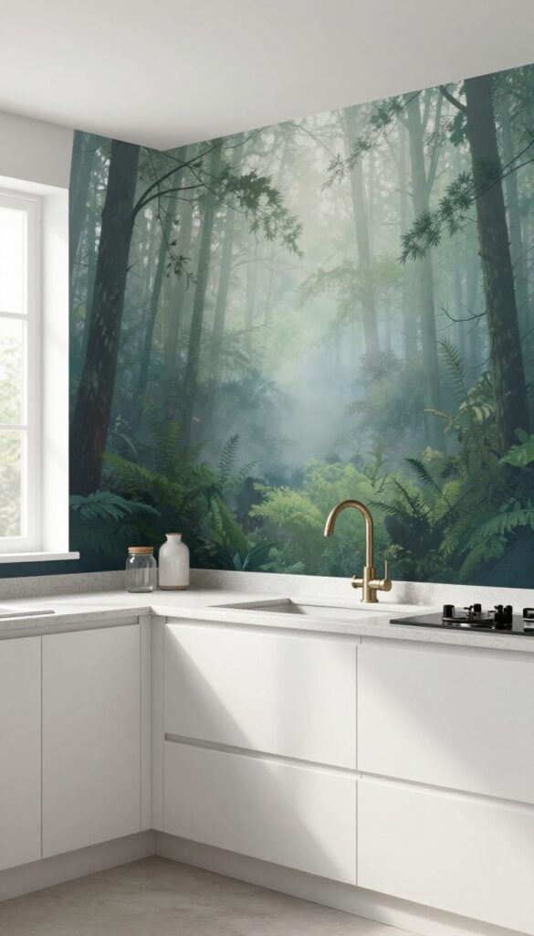 Kitchen with mural-style wallpaper featuring a misty forest scene as a focal point