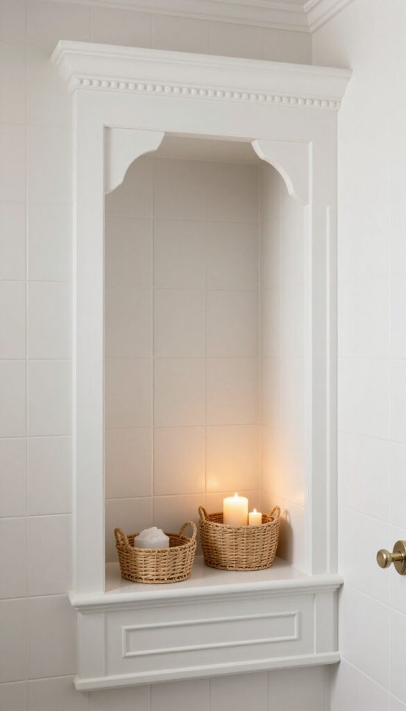 A vintage-inspired bathroom shower niche with decorative trim framing the storage area, holding bath salts and candles in woven baskets with ambient lighting from an LED candle.