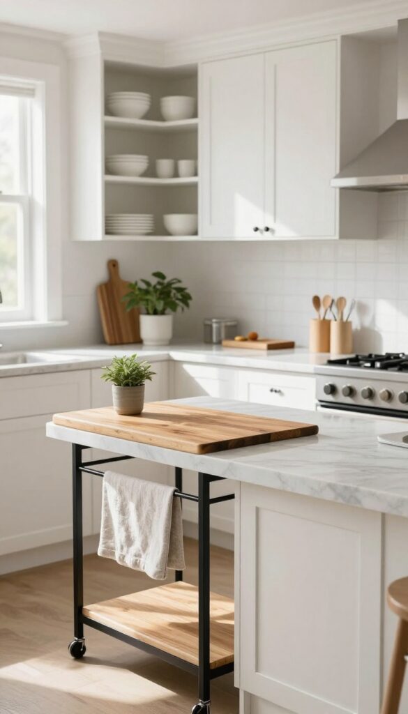 Mobile kitchen cart with fold-down leaf in bright kitchen