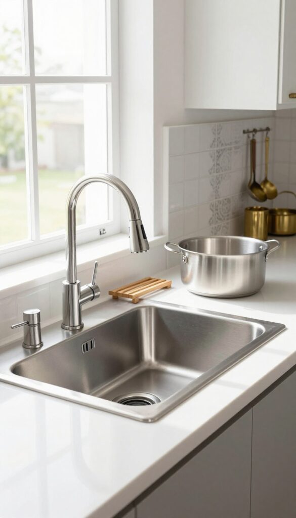 Deep farmhouse sink with gooseneck faucet in modern Indian kitchen