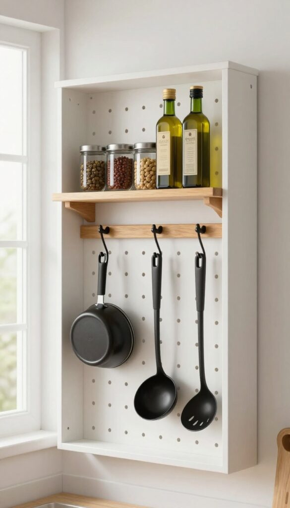 Pegboard hutch in a small kitchen with hooks and shelves holding cookware and spices