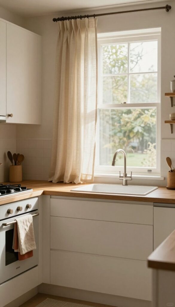 Small kitchen with layered textiles: oatmeal runner, linen curtains, and earthy cotton towels adding warmth and softness.