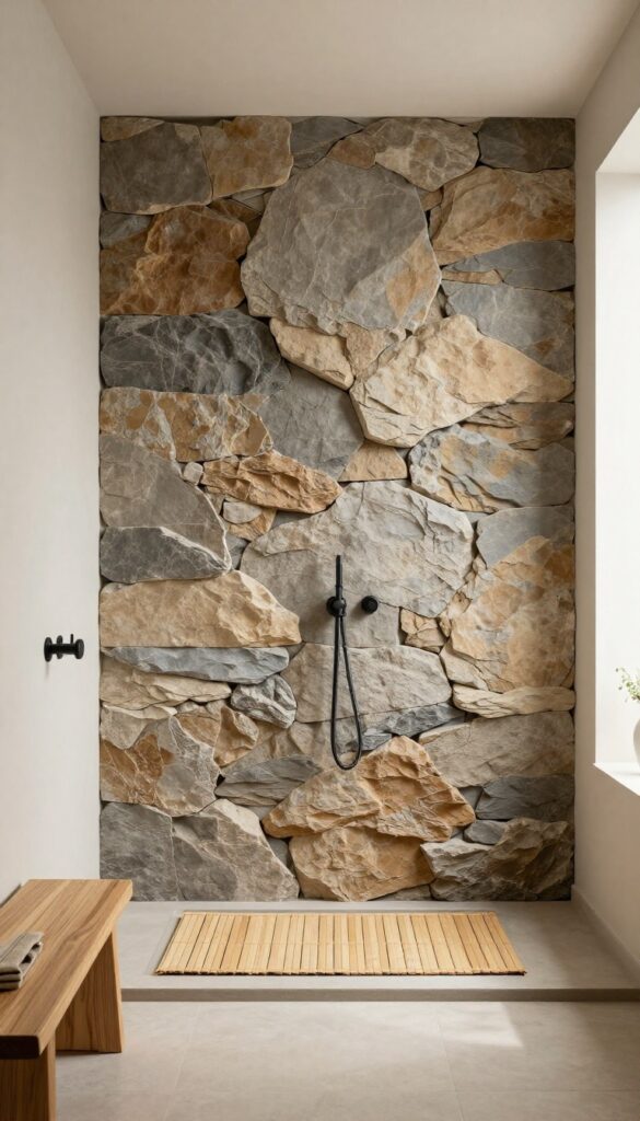 Modern shower with stacked stone accent wall, teak bench, and bamboo mat in bright natural light