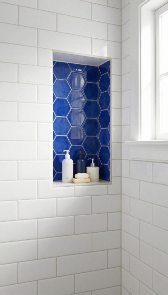 A photorealistic shower with white subway tiles and a recessed niche featuring contrasting blue hexagon tiles for smart storage.