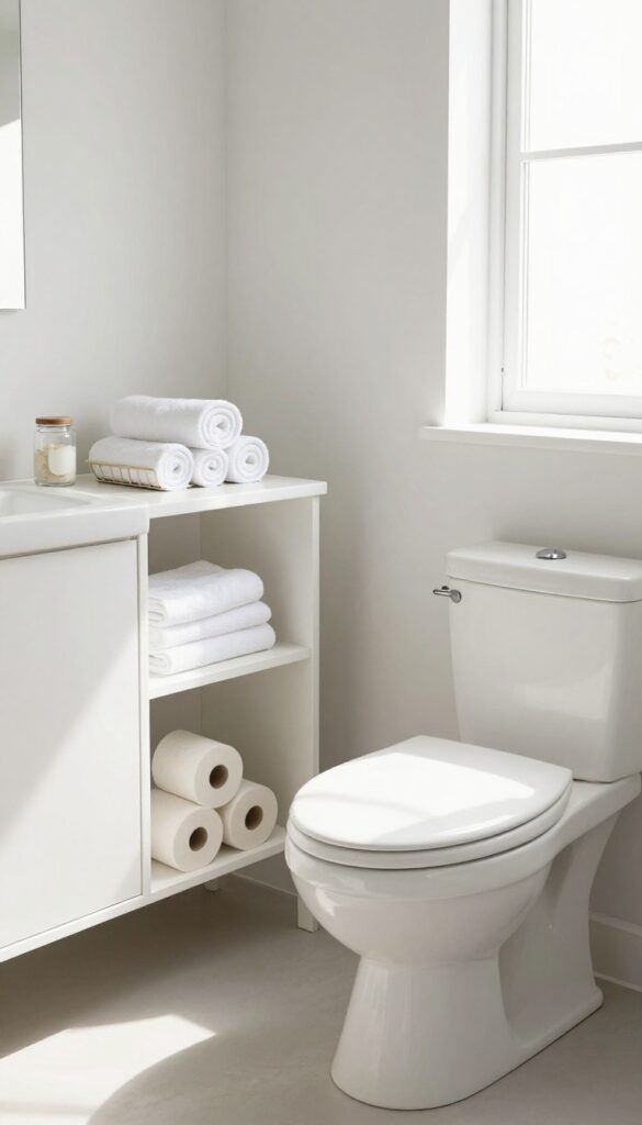 A bathroom with an over-the-toilet storage shelf holding towels and toiletries in bright natural light