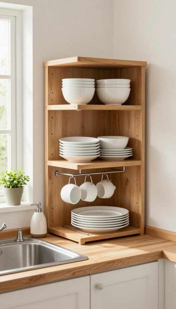 Open shelving above sink with drying rack in cozy farmhouse kitchen