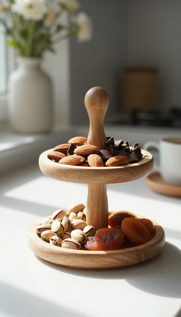 Small two-tiered wooden stand filled with nuts and dried fruit on a kitchen table in natural light