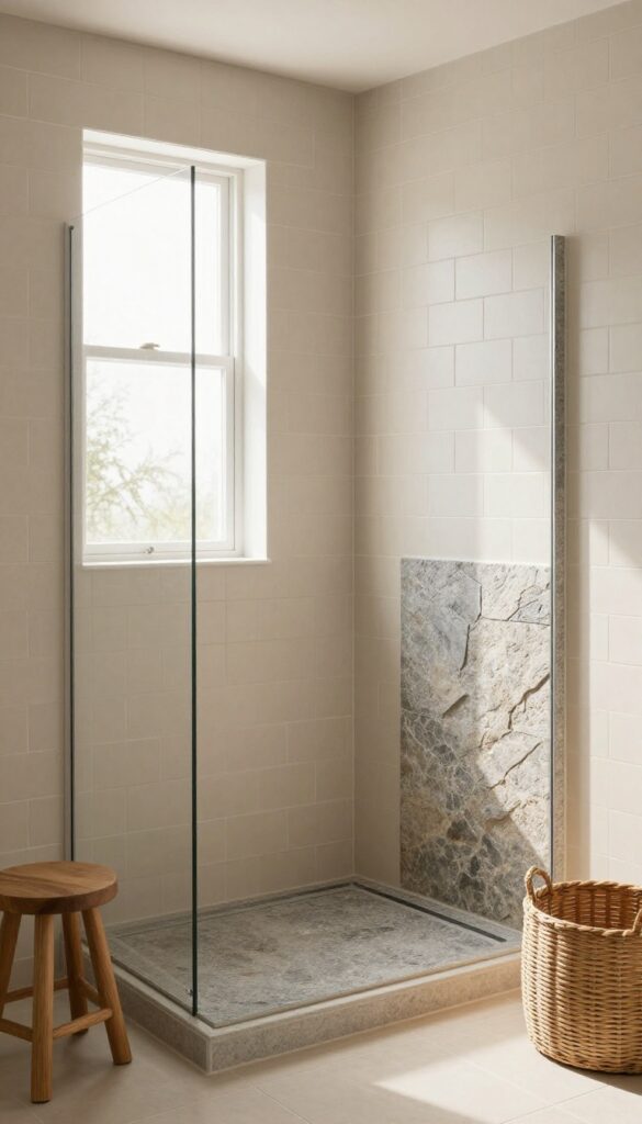A bathroom shower with beige tiles and natural slate stone accents, featuring wood-toned accessories and soft lighting for a cozy, organic modern style.