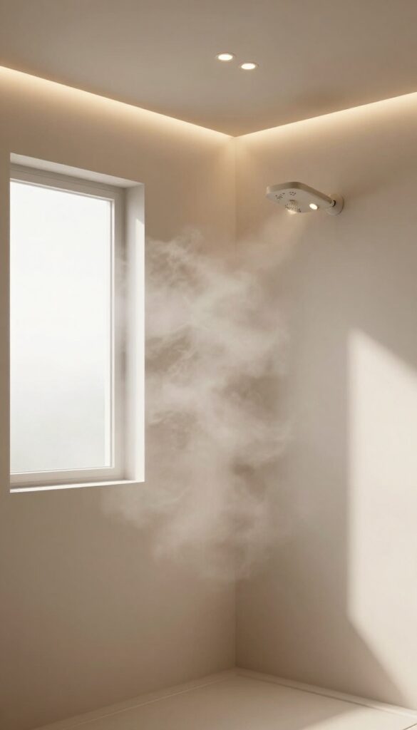 A serene steam shower with soft, layered lighting including LED strips and sconces, creating a warm and inviting ambiance in a photorealistic bathroom setting.