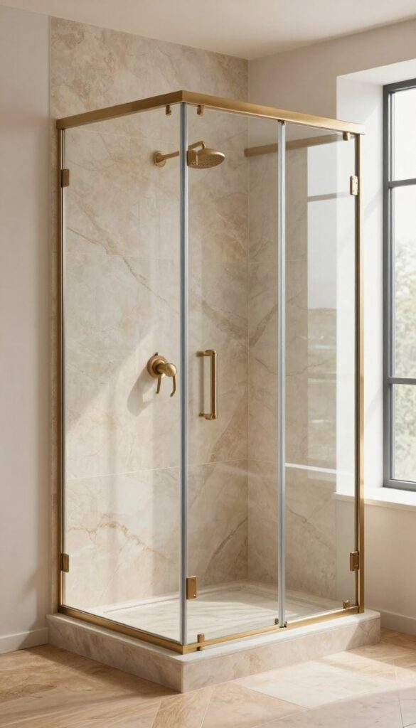A shower cabin with natural stone accents including marble walls and slate floors, showcasing timeless elegance in a bright, inviting bathroom setting.