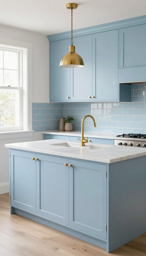 Pale blue kitchen cabinets with brushed brass hardware and light fixtures in a bright, compact kitchen