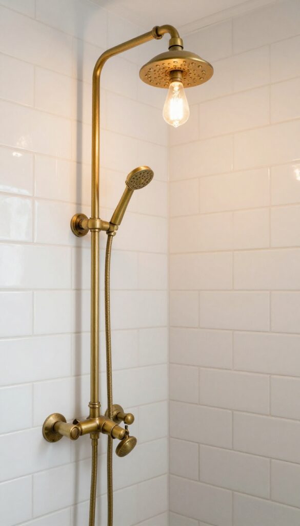 Vintage brass shower fixtures in a rustic off-grid bathroom with neutral tiles and wood accents
