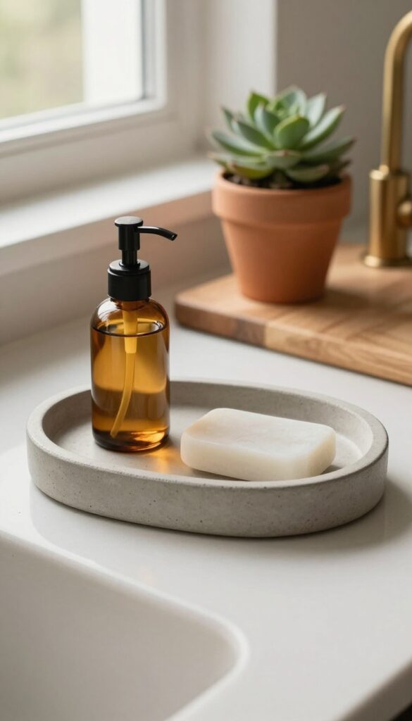 Minimalist concrete soap tray with rounded edges beside kitchen sink