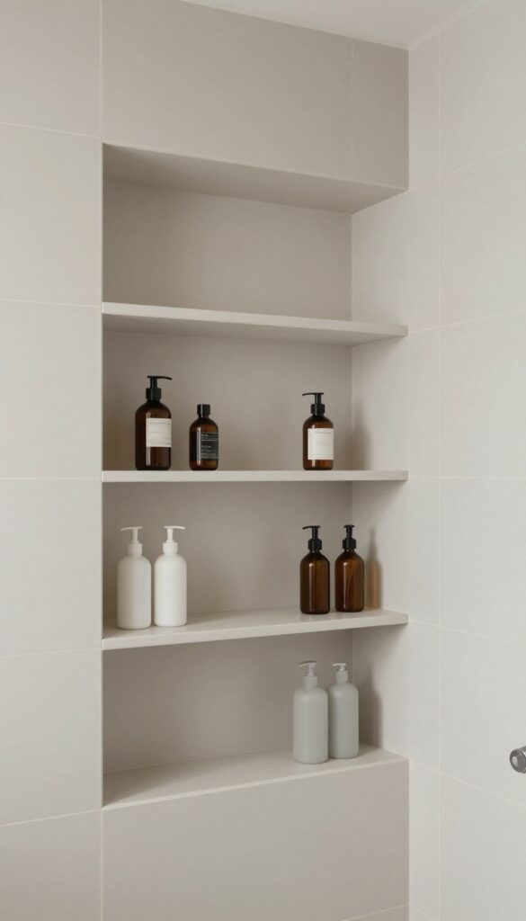 A walk-in shower with built-in recessed niche storage for bottles, demonstrating tidy organization in a bright, modern bathroom setting.
