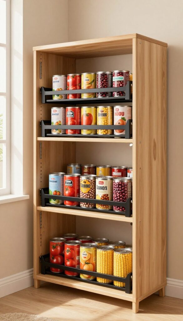 Stackable can racks in a pantry organizing canned goods neatly in tiered rows
