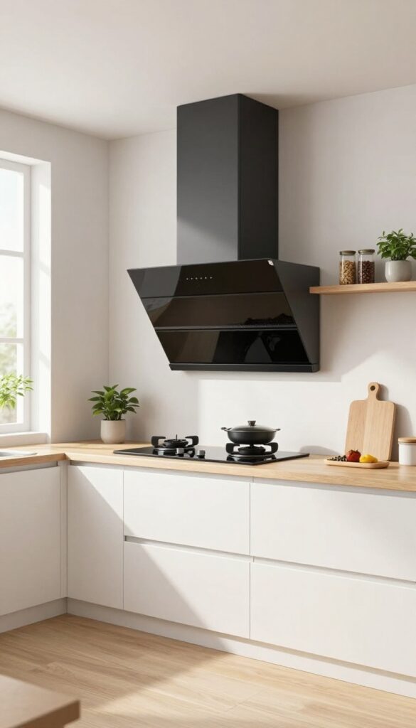 Corner-mounted kitchen vent hood in a modern kitchen with white cabinets and natural light