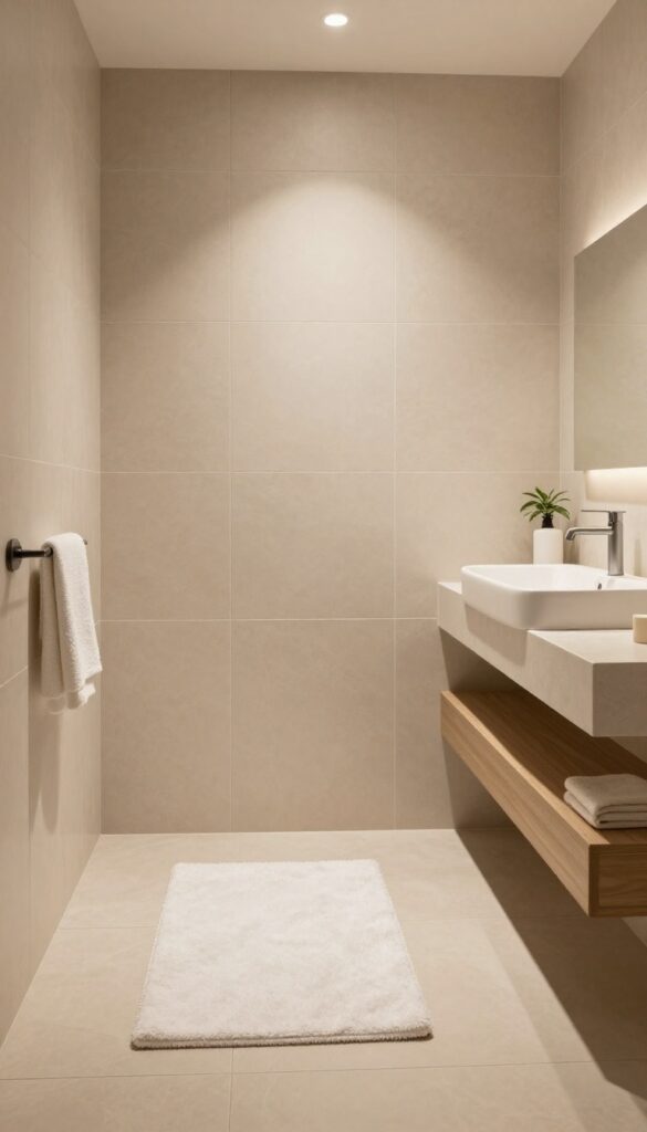A modern bathroom with heated floor tiles under a shower, showcasing warm neutral tones and a cozy atmosphere for a tub to shower conversion idea.