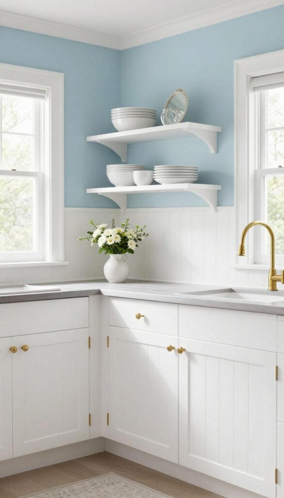 White beadboard backsplash with vertical grooves in a bright cottage-style kitchen