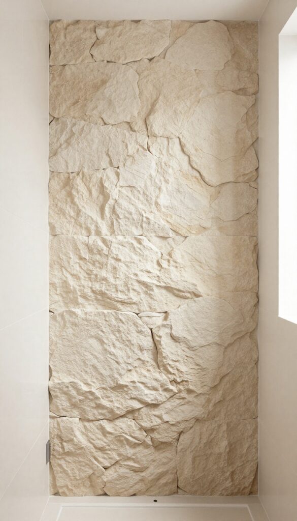 A stone accent wall in a shower contrasts with smooth tiles in a small bathroom under bright natural light.