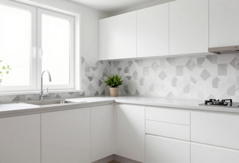 Modern kitchen with geometric wallpaper on accent wall, clean counters, and natural light