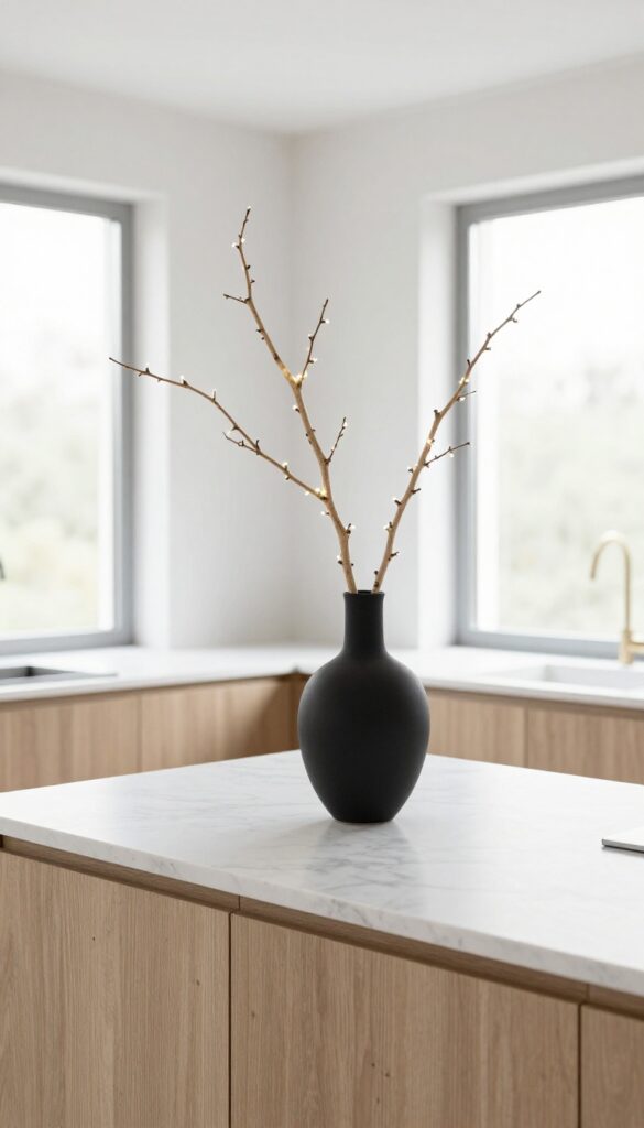 A single long branch in a tall vase on a modern kitchen island, decorated with fairy lights for Christmas.