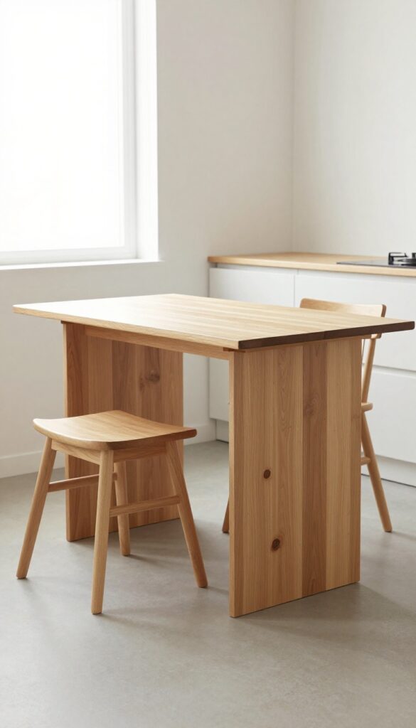 Extendable trestle table in a small kitchen with chairs tucked underneath