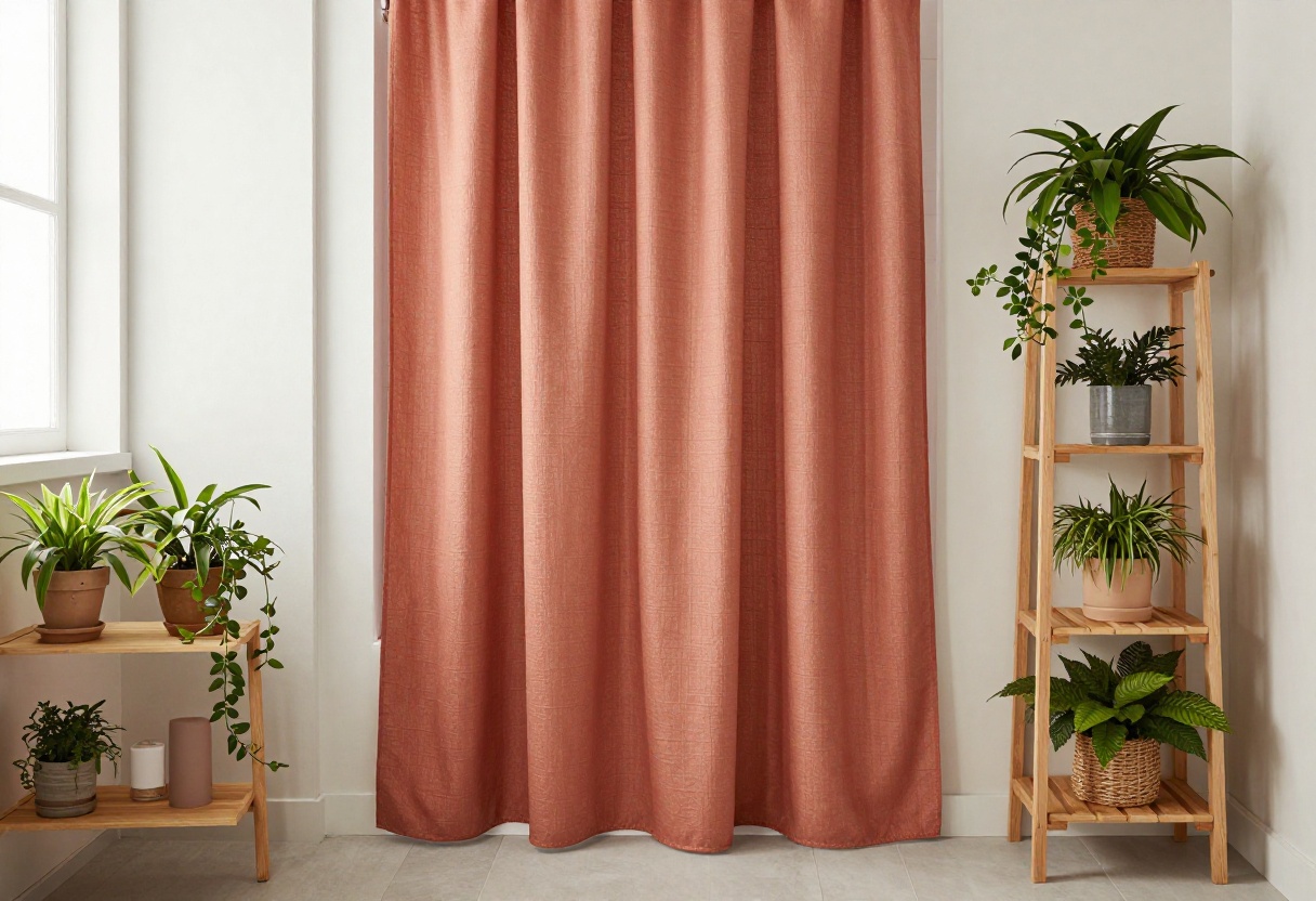 Modern bathroom with a warm terracotta extra long shower curtain, textured fabric, wooden shelves, and green plants in soft natural light.