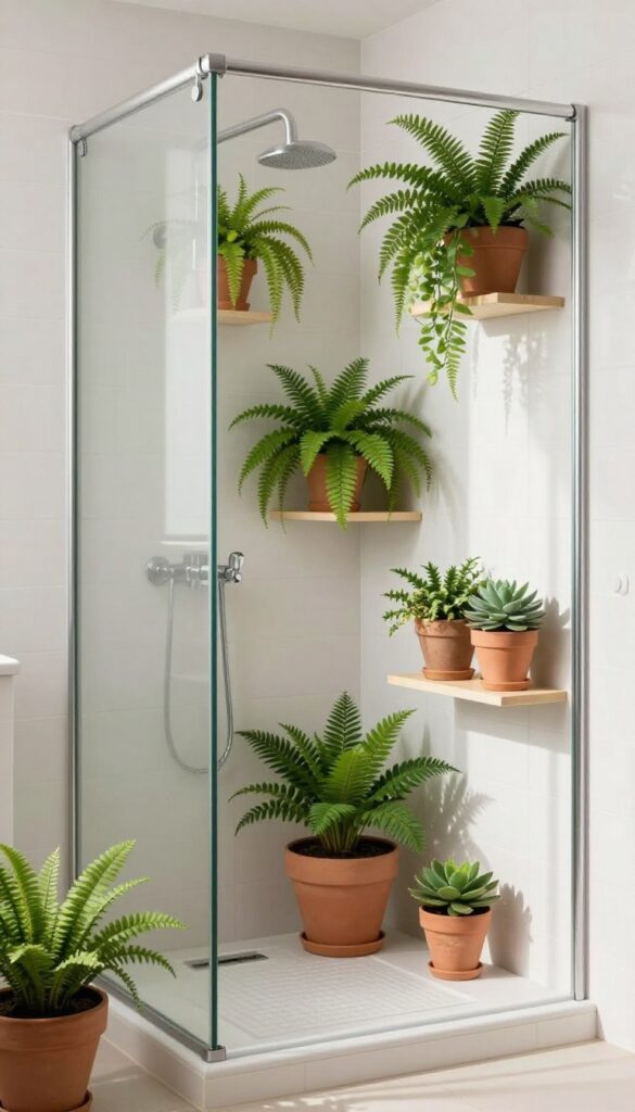 A quadrant shower room with integrated plants for a fresh, lively touch, featuring ferns and succulents in pots on shelves to enhance the bathroom's ambiance.