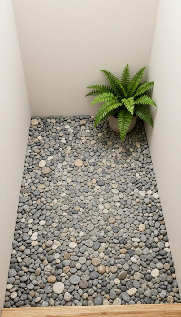 A small walk-in shower with a pebble floor in natural tones, surrounded by plants and soft lighting for a spa-like bathroom inspiration.