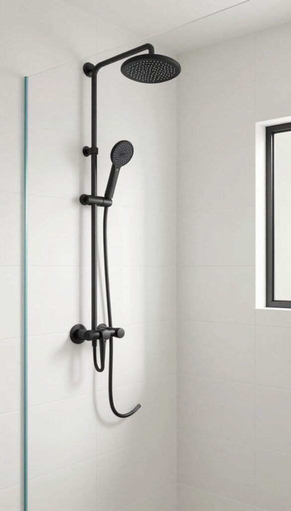Small shower with matte black fixtures and white tiles