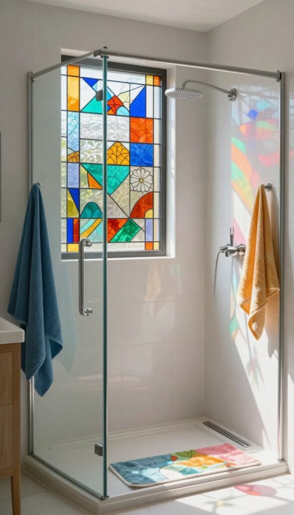 A bathroom shower window with colorful stained glass decals casting soft light in a photorealistic home decor setting.