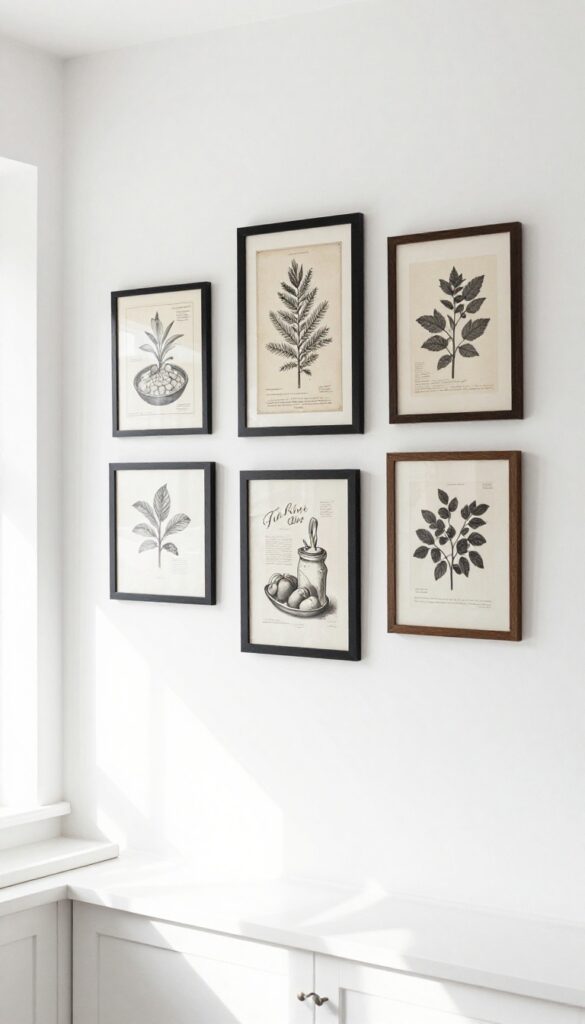 A gallery wall of vintage food prints on a white kitchen wall above a breakfast nook table.