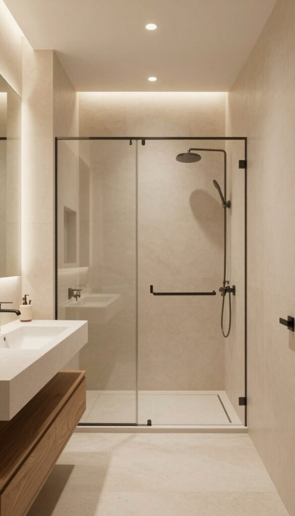 A serene spa shower with layered lighting for ambiance in a modern bathroom