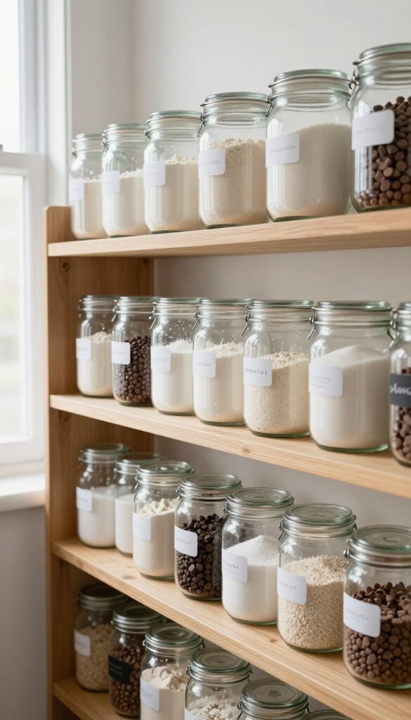 Organized pantry shelf with labeled glass jars for baking supplies in natural light.