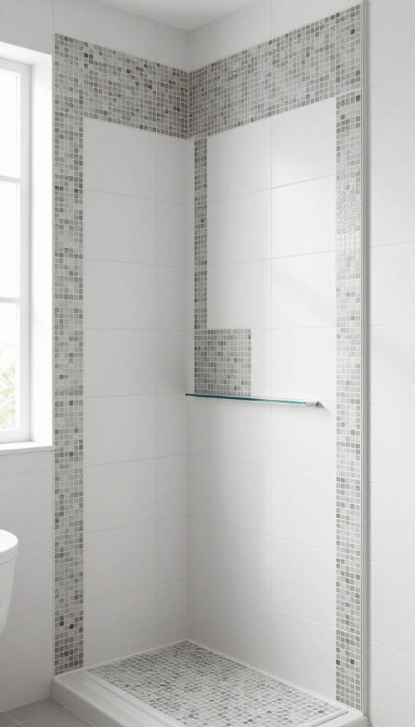 Close-up view of monochrome mosaic tiles in a modern bathroom shower, showcasing intricate patterns and natural light reflection for subtle detail.