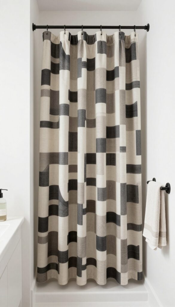 A small stand-up shower with a patterned geometric curtain in neutral tones for easy style updates
