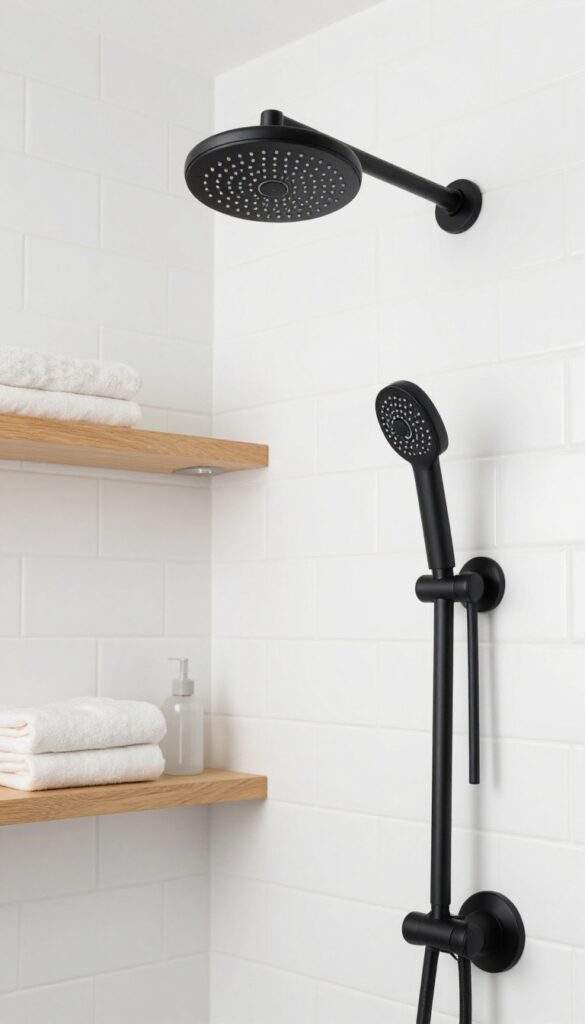White tile shower with matte black fixtures for modern flair