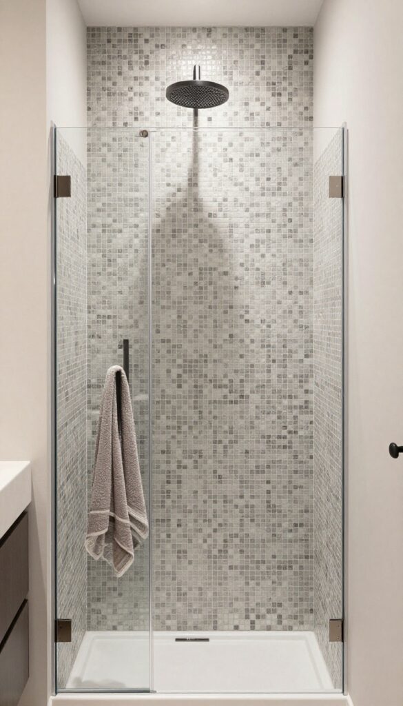 A close-up view of a grey mosaic tile shower wall in a modern bathroom, featuring varied textures and subtle color shifts under bright natural light, with neutral surroundings and simple fixtures.