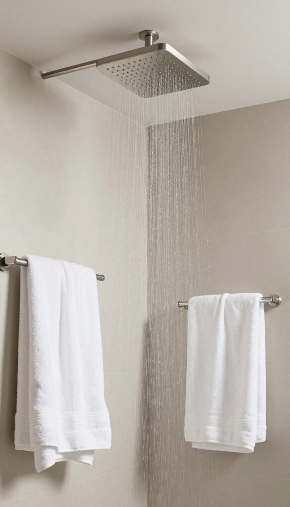 Close-up view of a rainfall showerhead in a steam shower with plush towels, showcasing luxurious bathroom decor for relaxation.