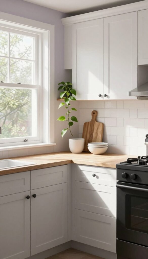 Bright kitchen with pale lavender walls, white cabinets, warm gray accents, and natural light.