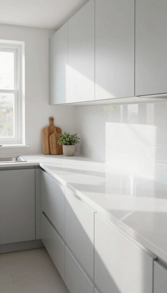Narrow kitchen with light colors and reflective surfaces