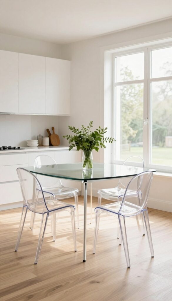 Glass-top table with acrylic chairs in a bright eat-in kitchen