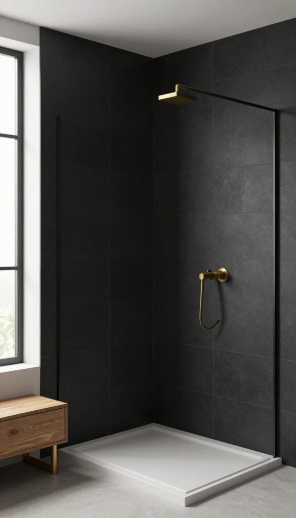 A modern bathroom shower with large black tiles and minimal grout lines in bright natural light.