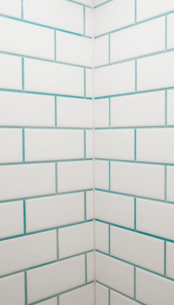 Close-up view of a stand-up shower with white tiles and colorful teal grout lines, illustrating how bold grout adds personality and style to bathroom decor.