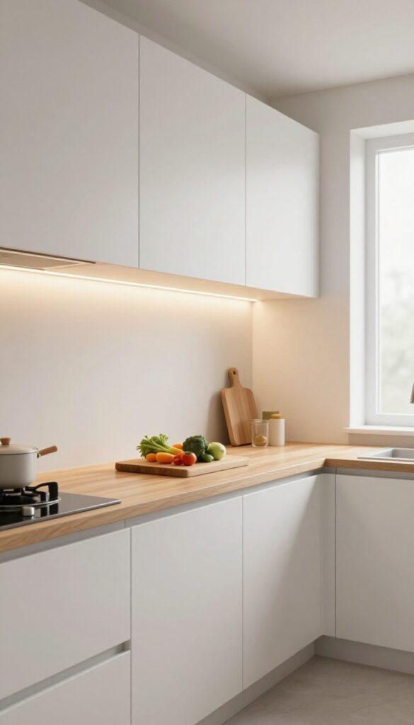 Under-cabinet LED strip lights illuminating a kitchen countertop with vegetables, warm glow, modern small kitchen