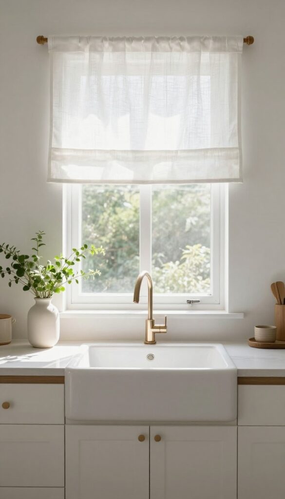 Minimalist kitchen window with a white linen valance above the sink, letting in natural light