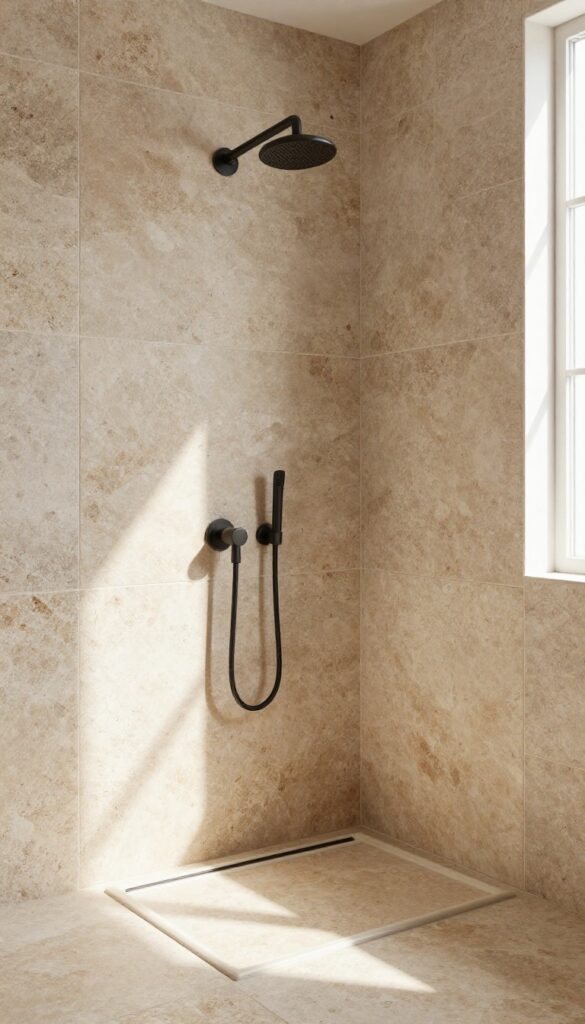 A bathroom shower with natural stone walls and floor in slate or travertine, featuring earthy tones and matte black fixtures under natural light.