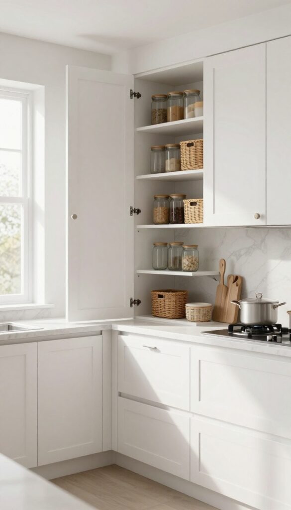 Hidden pantry behind cabinet doors in a bright kitchen